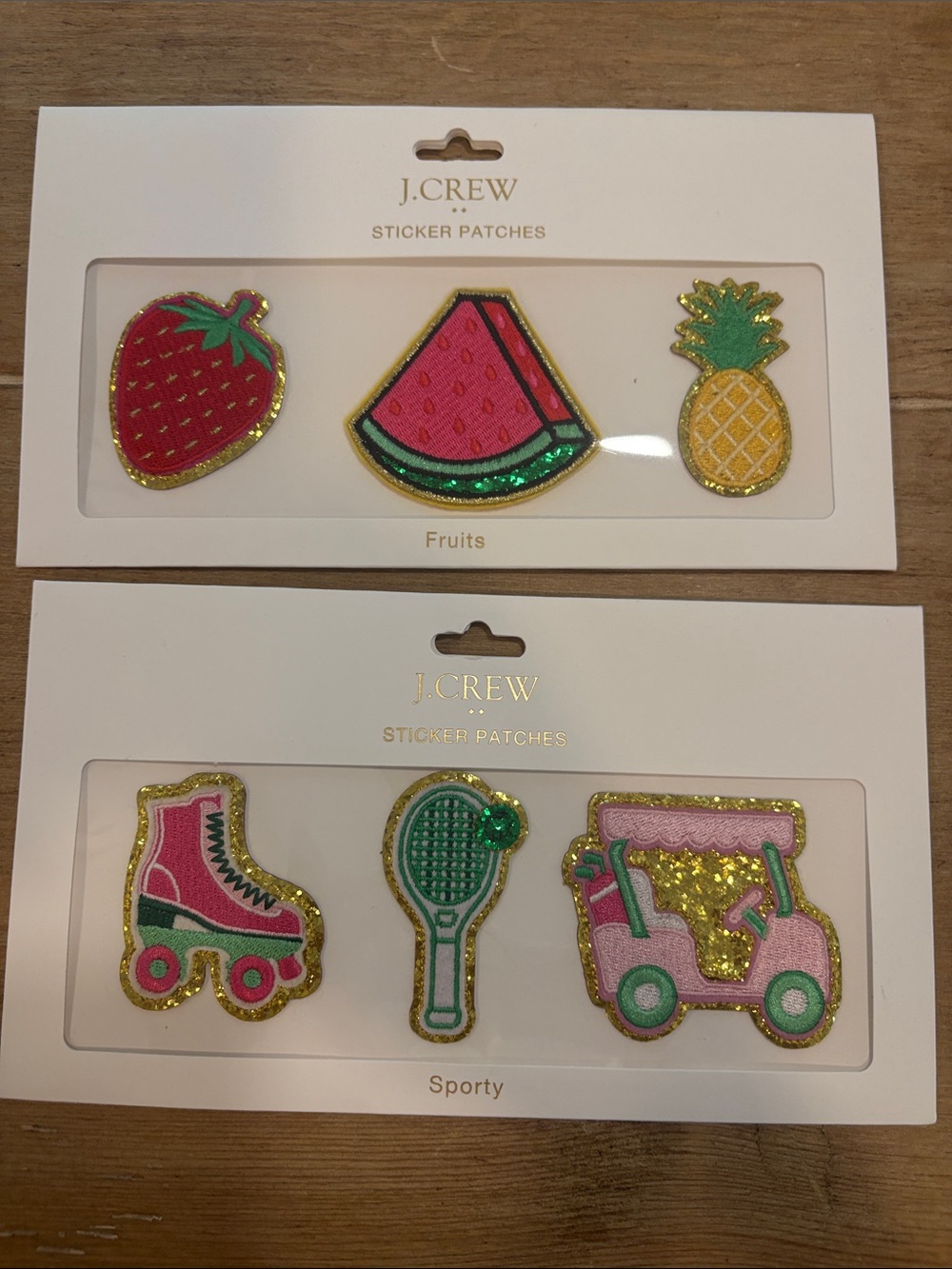 J. Crew Pink & Green Fruit and Sport Sticker Patch Sets with Gold Trim